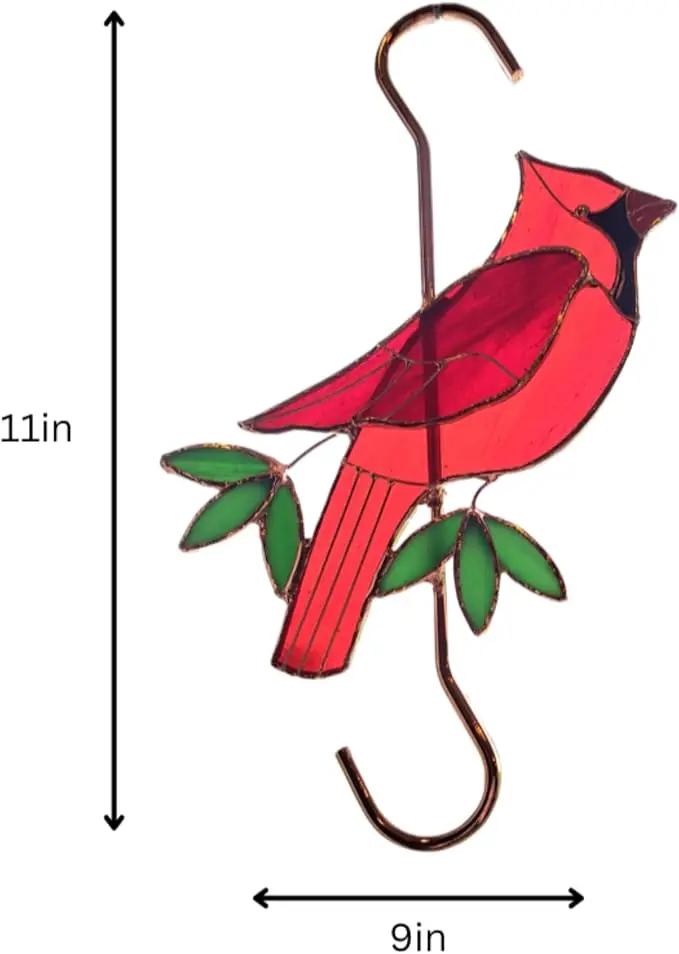 Stained Glass Hanging Plant Hook - Red Cardinal Sun Catcher with Copper S Hooks Top and Bottom for Indoor and Outdoor Use by GreenHaven Gardens