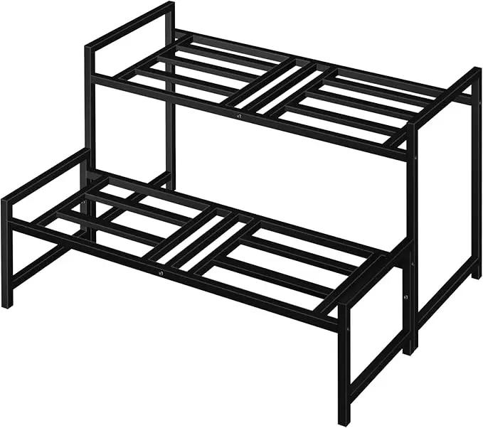 Plant Stand Indoor Outdoor, 2-Tier Wrought Iron Plant Stands, Stackable Metal Plant Shelf Decorative Outdoor Flower Stand Heavy Duty Pedestal Stands for Garden Deck Living Room, Black by GreenHaven Gardens