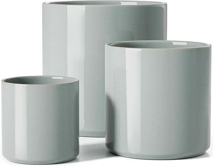 LE TAUCI Ceramic Plant Pots Indoor, 10 Inch 8 Inch 6 Inch Planters for Indoor Plants, Mid-Century Modern Flower Pots with Drainage Hole, Cylinder Round Planter Pots, Set of 3, Reactive Glaze Blue Gray by GreenHaven Gardens