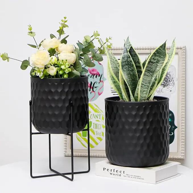 TRIROCKS Set of 2 Planters with Stand Indoor Outdoor Metal Plant Stand 8 * 18 &7 * 12 "Modern Planters Flower Pots for Living Room Corner Kitchen Office Garden Balcony Patio Decor(Black) by GreenHaven Gardens