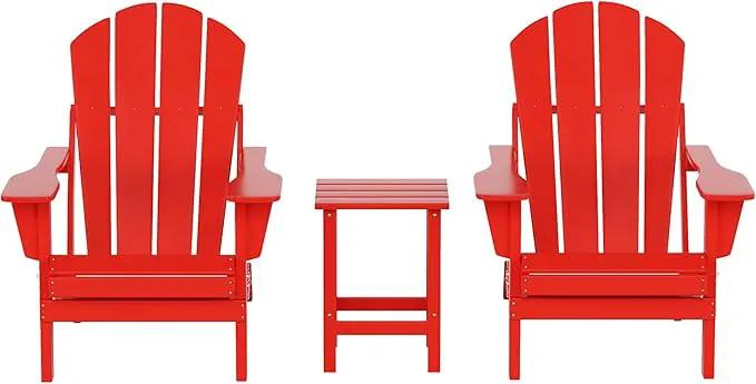 WO Home Furniture Adirondack Chairs Table Set of 3 PCS Outdoor Folding Chairs Side End Table Weather/UV Resistant for Lawn, Garden, Bon Fire, Balcony (Red) by GreenHaven Gardens
