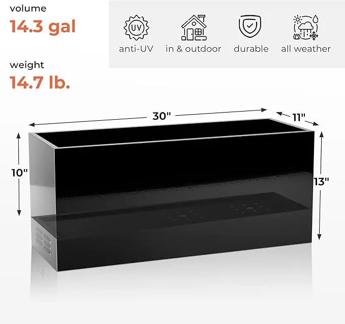 Worth Garden Metal Planter Box - 30" L x 11" W x 13" H Glossy Black Heavy Duty Large Rectangular Steel Modern Plant Pot, Indoor Outdoor - Insert Plate with Drain Holes, Air Vents, No Assembly Required by GreenHaven Gardens