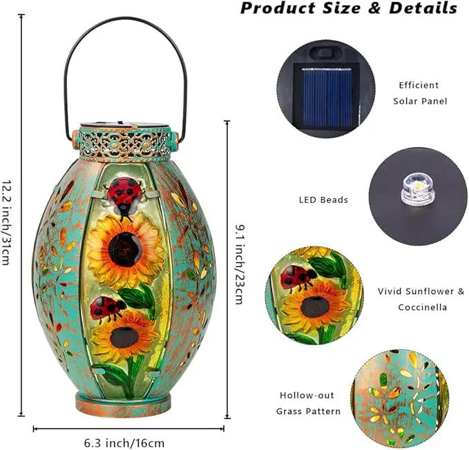 Sunflower Solar Lanterns Outdoor Waterproof,Hanging Solar Lantern,Sunflower Lanterns Decorative Outdoor,Glass & Metal Solar Lights for Tabletop Patio Porch Decor by GreenHaven Gardens