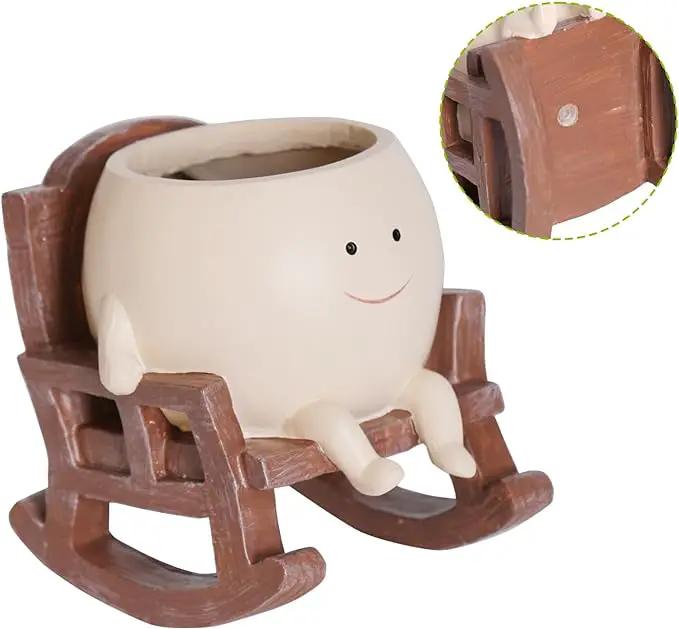 Smily Face Planter Pot Cute Resin Flower Head Planters for Indoor Outdoor Unique Sit Rocking Chair Succulent Pots Gift IdeaI for Mother and Appreciation Christmas with Drainage Hole by GreenHaven Gardens