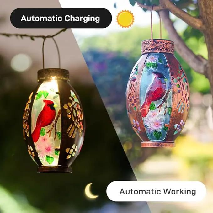 Starsoul Cardinal Outdoor Solar Lantern - Metal & Stained Glass Cardinal Solar Light, Waterproof Tabletop Lamp with Hollowed-Out Design for Yard, Patio, Garden, Pathway by GreenHaven Gardens