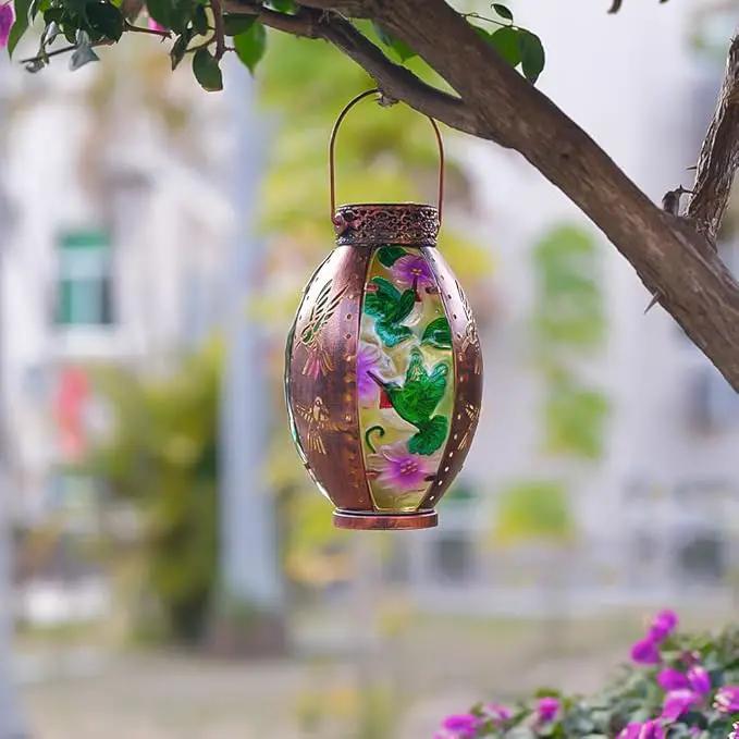 Starsoul Hummingbird Solar Lantern Stained Glass & Metal Outdoor Lantern Waterproof Hummingbird Hanging Metal Decorative Lights for Patio Table Garden Pathway Yard by GreenHaven Gardens