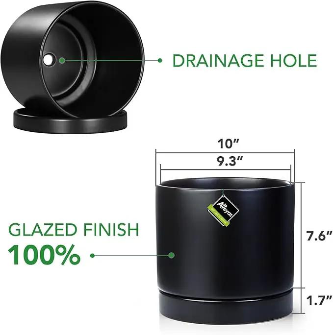 Aveyas 10 inch Ceramic Plant Pot with Drainage Hole and Saucer - Suitable for Indoor and Outdoor Use, Modern Planters for House Garden Flower Tree Snake Monstera Plants (10", Matte Black) by GreenHaven Gardens