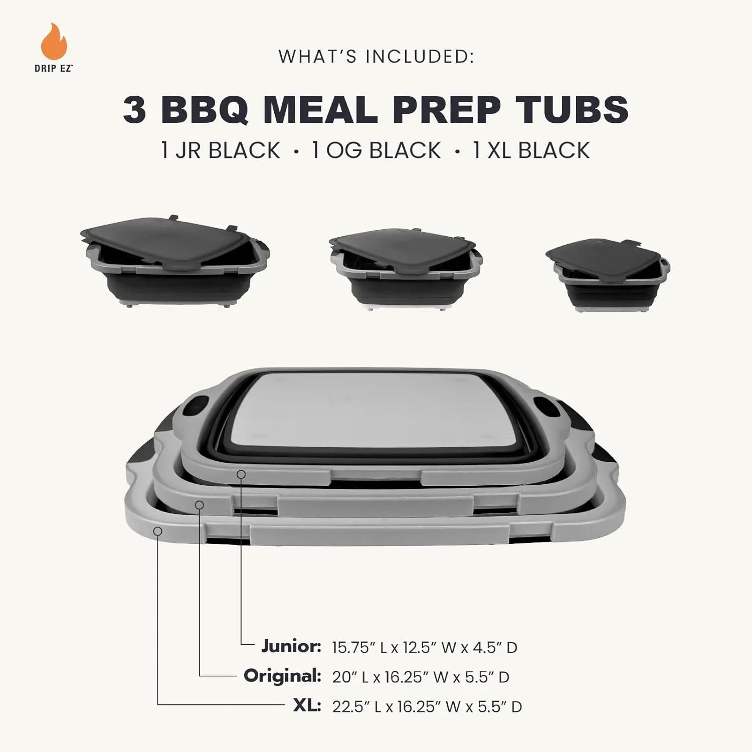 Drip EZ Collapsible BBQ Prep Tubs 3-Piece Set- For Meal Prep Marinating Food Storage - Includes Cutting Board & Lid - (1) JR + (1) OG + (1) XL - Black by GreenHaven Gardens
