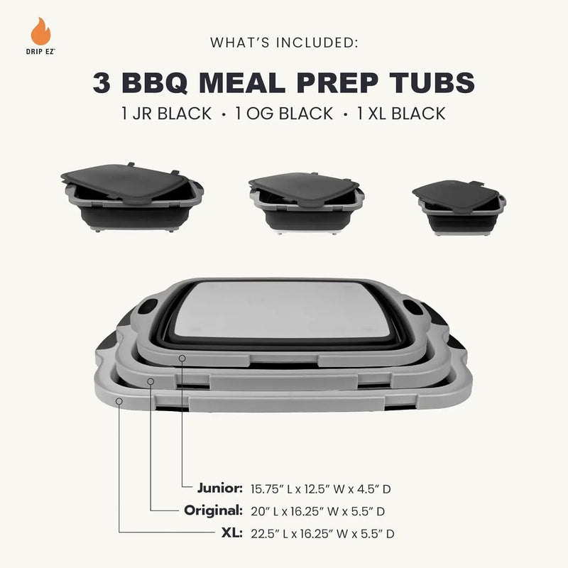 Drip EZ Collapsible BBQ Prep Tubs 3-Piece Set- For Meal Prep Marinating Food Storage - Includes Cutting Board & Lid - (1) JR + (1) OG + (1) XL - Black by GreenHaven Gardens
