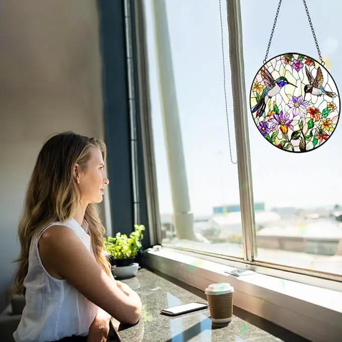Hummingbird Suncatcher Stained Glass Window Hanging - Bird and Flowers Suncatchers for Windows - Sun Catchers Indoor Window Wall Art Home Decor Panel - Hummingbird Gifts for Women Men Mom Bird Lovers by GreenHaven Gardens