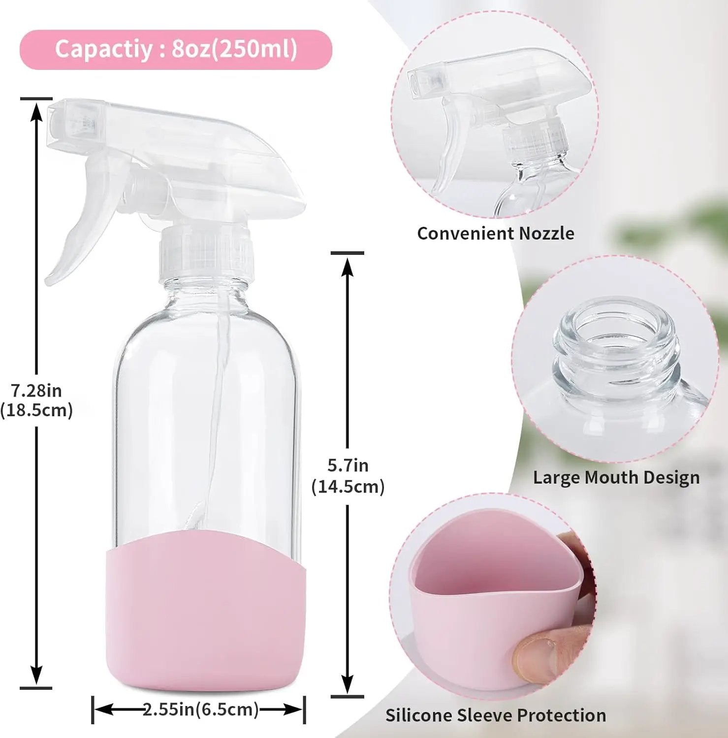 HOMBYS 8 Oz Empty Clear Glass Spray Bottles with Silicone Sleeve Protection Refillable Containers for Cleaning Solutions, Essential Oils, Misting Plants - Quality Sprayer - 3 Pack Boston Bottles by GreenHaven Gardens