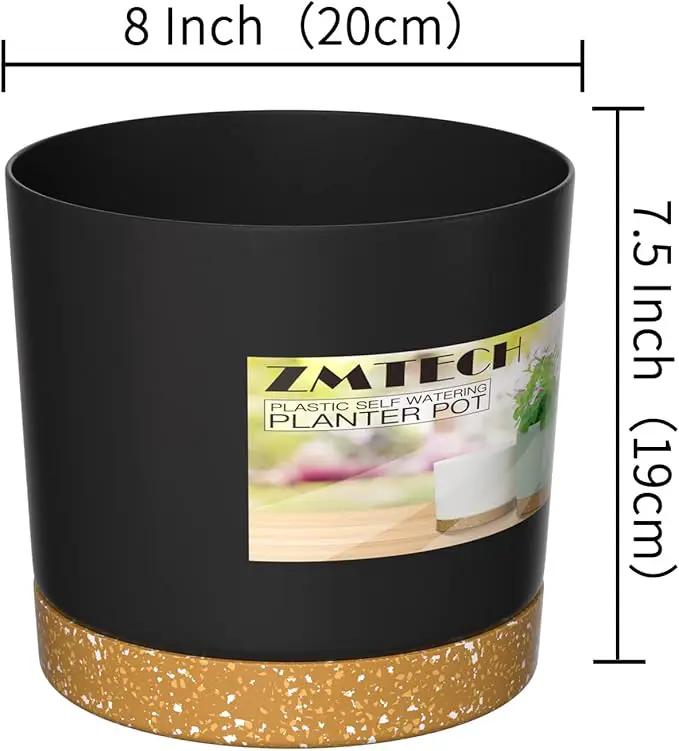 ZMTECH Plant Pots, Set of 3 8'' Self Watering Plastic Planter with Drainage Hole and Saucer, Modern Decorative Flower Pot for Indoor Outdoor House Plants, Succulents, Flowers - Dark Gray by GreenHaven Gardens