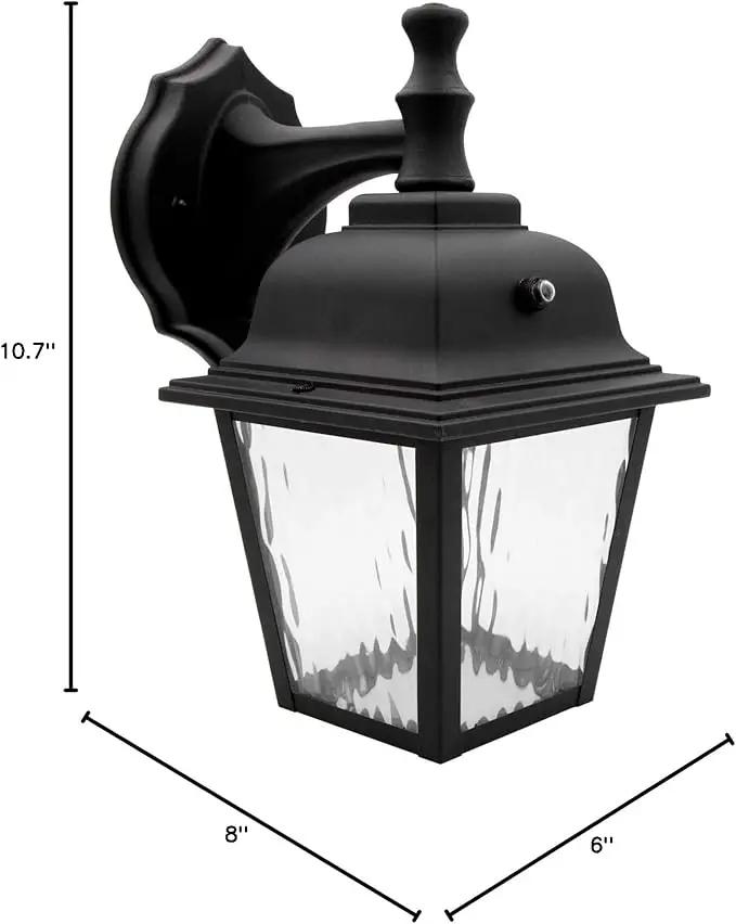 Maxxima LED Porch Lantern Outdoor Wall Light Fixture - Black, Clear Water Glass, Photocell Sensor, 875 Lumens, 3000K Warm White, Dusk to Dawn Light Sensor, Exterior Decorative Light by GreenHaven Gardens
