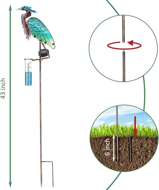 Heron Rain Gauge Solar Stake Outdoor, 43’’ Solar Rain Gauge LED Lights with Rainfall Gauge for Garden, Yard, Lawn, Pathway, Patio by GreenHaven Gardens