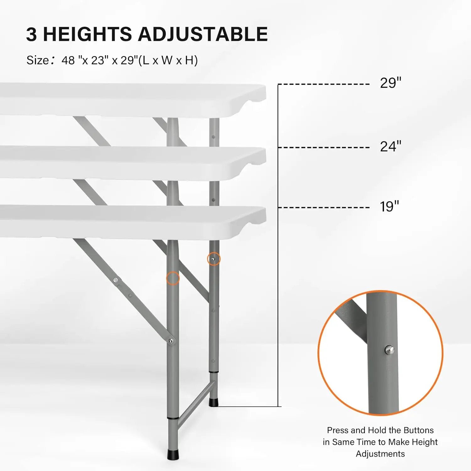 VINGLI 4 FT Plastic Folding Camping Table,3-Level Adjustable Height, Portable in/Outdoor Party Picnic Dining Desk, Garden Soccer Multipurpose Entertaining Activities，White by GreenHaven Gardens