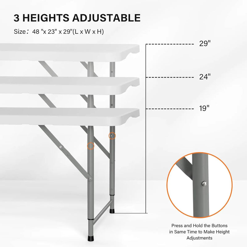 VINGLI 4 FT Plastic Folding Camping Table,3-Level Adjustable Height, Portable in/Outdoor Party Picnic Dining Desk, Garden Soccer Multipurpose Entertaining Activities，White by GreenHaven Gardens