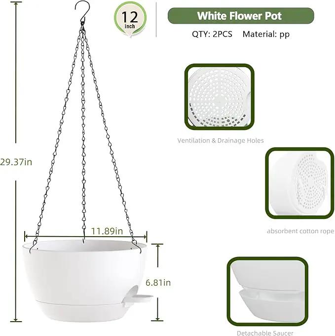 12 Inch Hanging Baskets 2 PC with Chains, Self-Watering Hanging Planters for Indoor Outdoor Plants, Plastic Hanging Flower Pots,White by GreenHaven Gardens