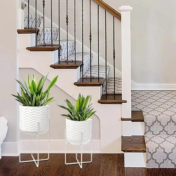 TRIROCKS Set of 2 Planters with Stand Indoor Outdoor Metal Plant Stand 18 &12" Tall Modern Planters Flower Pots for Living Room Corner Kitchen Office Garden Balcony Patio Decor(White) by GreenHaven Gardens