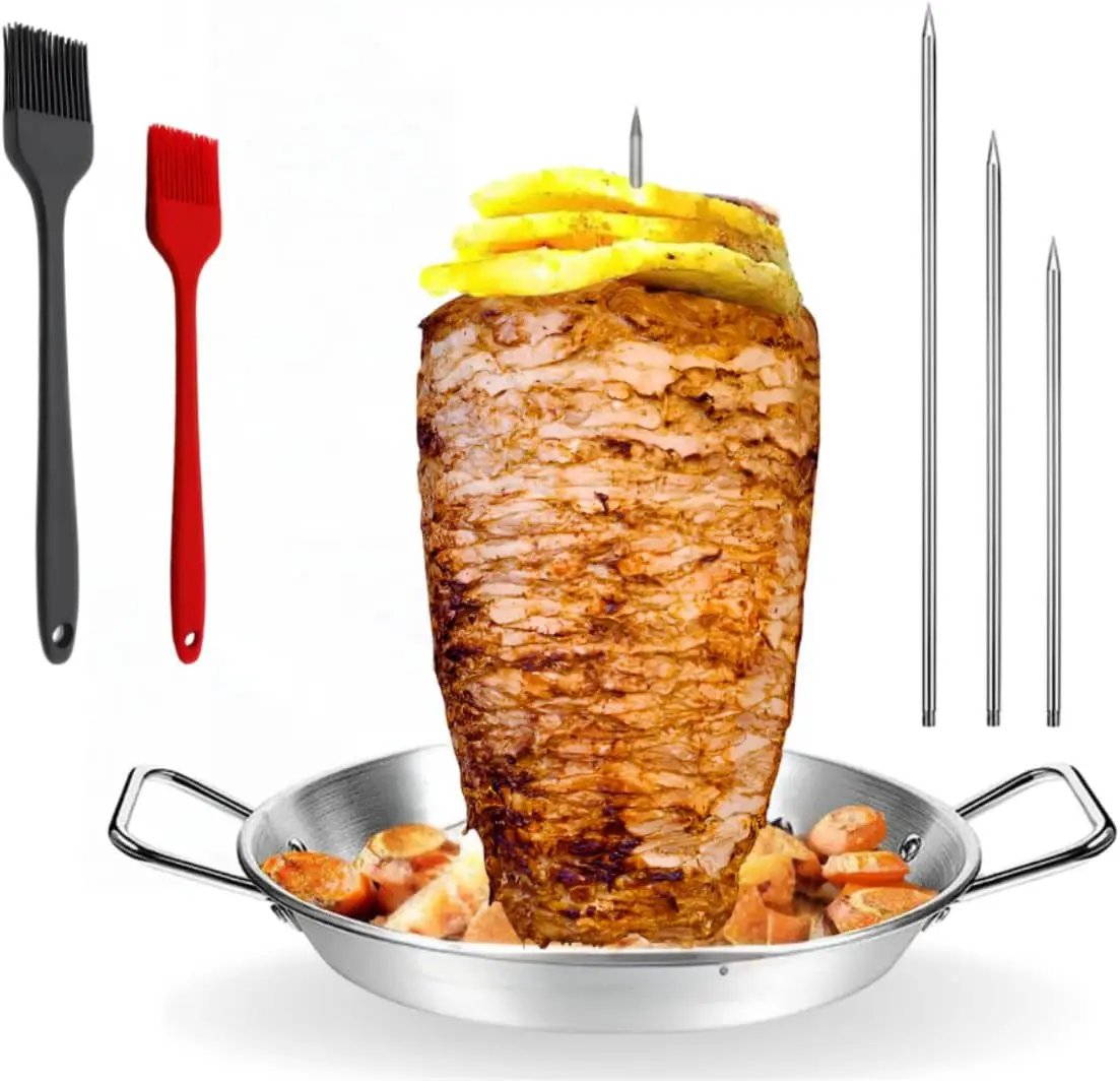 Al Pastor Skewer for Grill, Stainless Steel Vertical Gyro Plate for Oven, Rotate, Spit Stand, with Brushes, 3 Removable Spikes 8/10/12 BBQ Dishes Shawarma Stand, Kebabs Smoker, Tacos. by GreenHaven Gardens