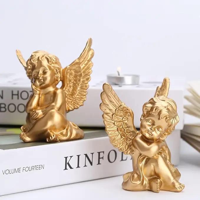 orenm 2 Pack Resin Cherubs Gold Angel Statue Figurine, Garden Sleeping Cherub Statue Sculpture Indoor Outdoor Home Decoration, Cute Adorable Angle Sculpture Memorial Statue(4" Height) (Gold) by GreenHaven Gardens