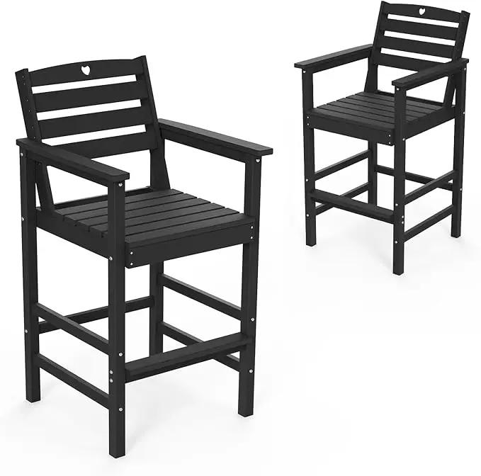 Tall Adirondack Chairs Set of 2, HDPE Wood Balcony Adirondack Chairs Set with Heart Cutout Design, Weather-Resistant Bar Height Furniture for Deck, Porch, Pool (Black) by GreenHaven Gardens