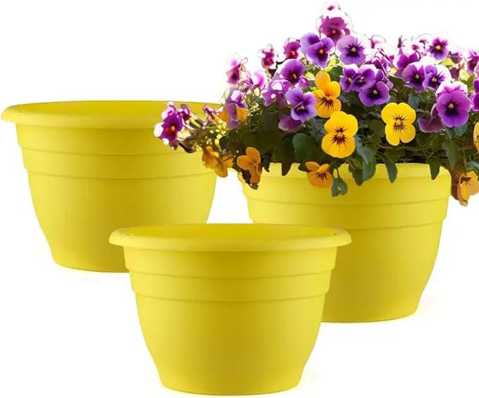 Plant Pots Set of 3, 11 Inch Round Flower Pots, Thickened Plant Planters with Drainage Holes, Garden Pots for Indoor Outdoor, （3 Pack, Yellow by GreenHaven Gardens