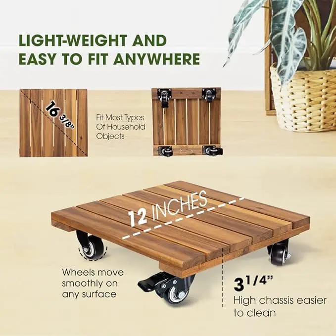 Idzo 2-Pack 12 Inch Acacia Wood Rolling Square Plant Caddy for Plant Pots, Heavy Duty Plant Stand with 360° Lockable Wheels, 264 lbs Capacity Caddy for Indoor and Outdoor Use, Natural Wood by GreenHaven Gardens