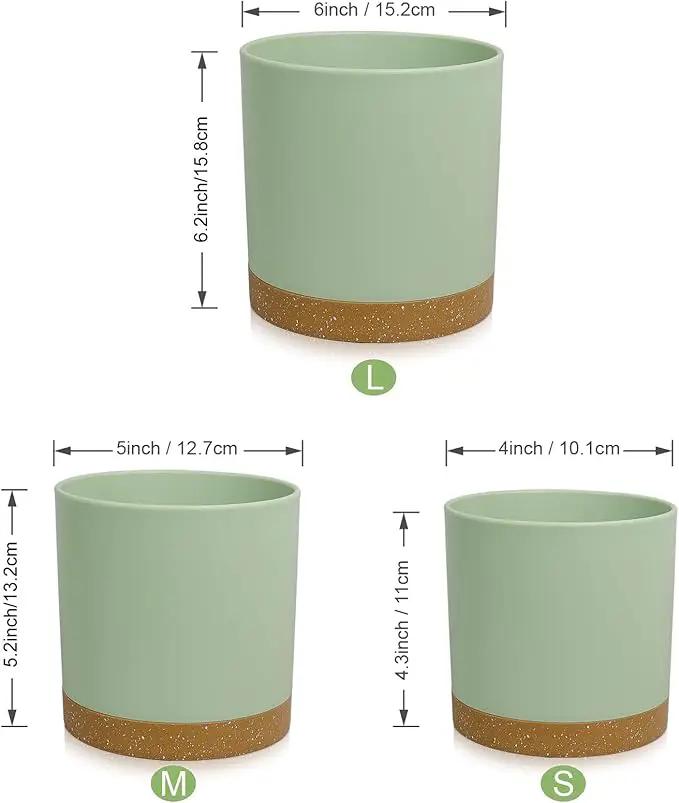 3 Pack 6/5/4 inch Cylindrical Flower Pots, Modern Small Round Plastic Plant Pots with Drainage Holes & Saucers, Clean and Refined Planter Pots for Outdoor, Indoor & Office Decor (Green Brown) by GreenHaven Gardens