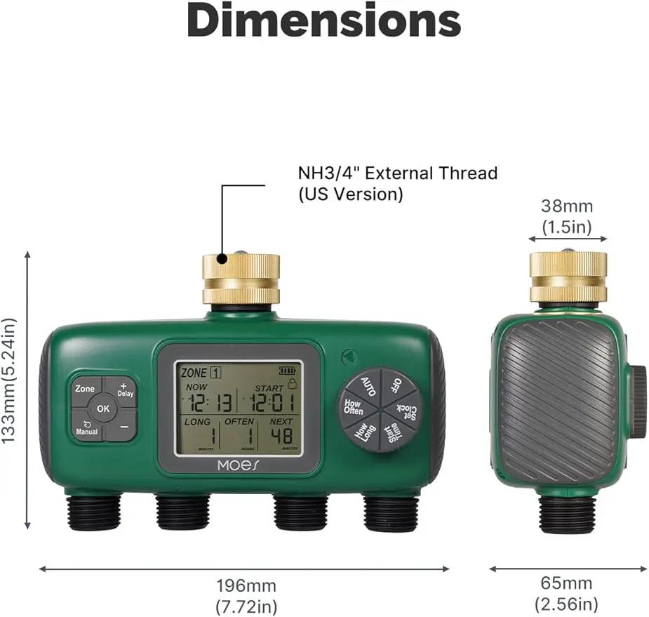 MOES 4 Outlet Sprinkler Timer, Brass Inlet, Programmable Automatic Irrigation Controller, Rain Delay, Manual Watering, 4 Zone Water Hose Timer for Gardens, Lawns, and Hose Systems by GreenHaven Gardens