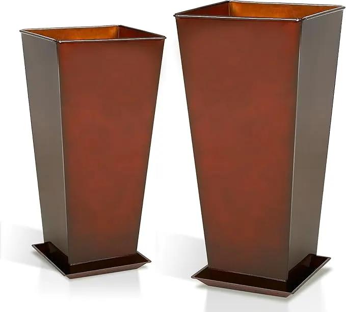 WORTH Garden Large Metal Glazed Planter Set of 2 (25" + 28"), Luxurious Glossy Finish Red Tall Square Tapered Steel Plant Pot, Decor Flower Pot Indoor & Outdoor, Drainage Hole & Dual-Purpose Saucer by GreenHaven Gardens