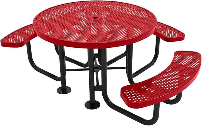 Heavy-Duty Portable Outdoor Picnic Table with Umbrella Hole, Punched Steel Patio Dining Furniture Made in America (46" Round Top, Textured Red) by GreenHaven Gardens