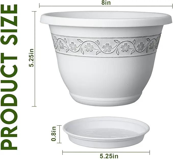 8 Inch Plant Pots with Drainage Hole - Lightweight Flower Pots for Herbs and Flowers - Home Decor Plastic Planters for Indoor Outdoor Plants- Pack of 6 (White, 8 inch) by GreenHaven Gardens