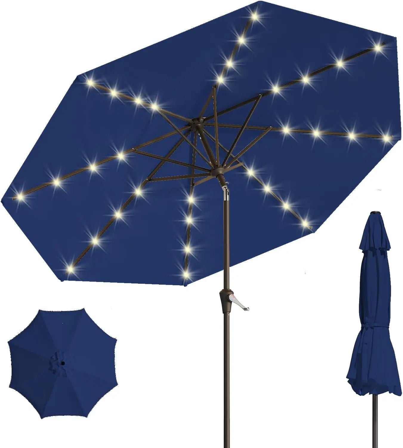 9FT Solar Umbrella 32 LED Lighted Patio Umbrella Table Market Umbrella w/Tilt and Crank, UV-Resistant Outdoor Umbrella for Pool, Garden, Deck, Navy Blue by GreenHaven Gardens