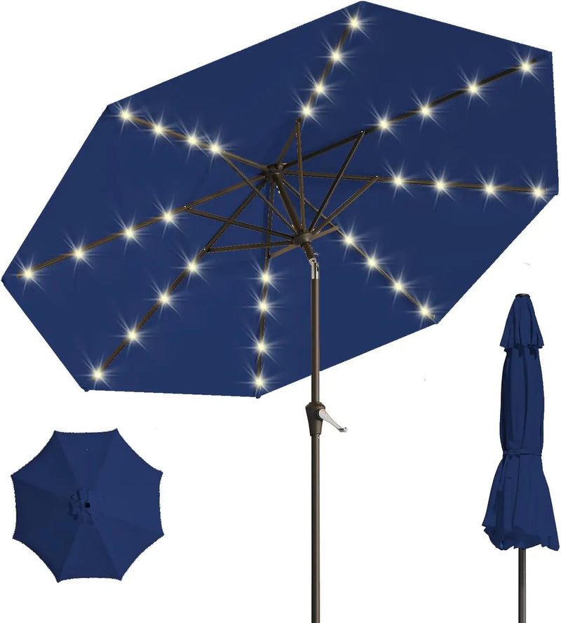 9FT Solar Umbrella 32 LED Lighted Patio Umbrella Table Market Umbrella w/Tilt and Crank, UV-Resistant Outdoor Umbrella for Pool, Garden, Deck, Navy Blue by GreenHaven Gardens