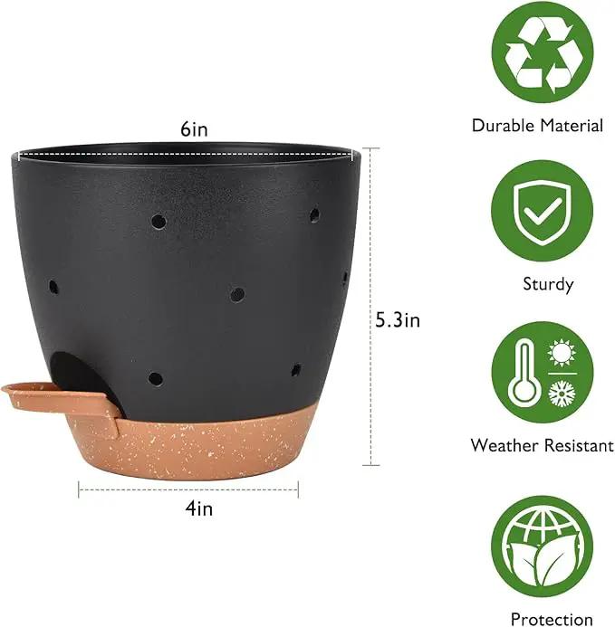 6 Inch Orchid Pots with Holes, 2 Pack Self Watering Planters for Orchids Plastic Orchid Pot Plant Flower Pots for Orchids Indoor Outdoor (Black with Brown) by GreenHaven Gardens