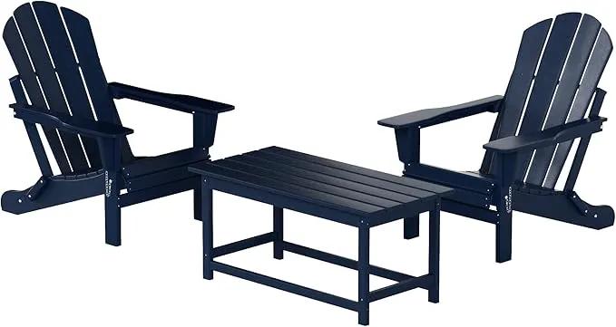 WO Home Furniture Adirondack Chairs Table Set of 3 PCS Outdoor Folding Chairs Coffee Table Weather/UV Resistant for Lawn, Garden, Bon Fire, Balcony (Navy Blue) by GreenHaven Gardens