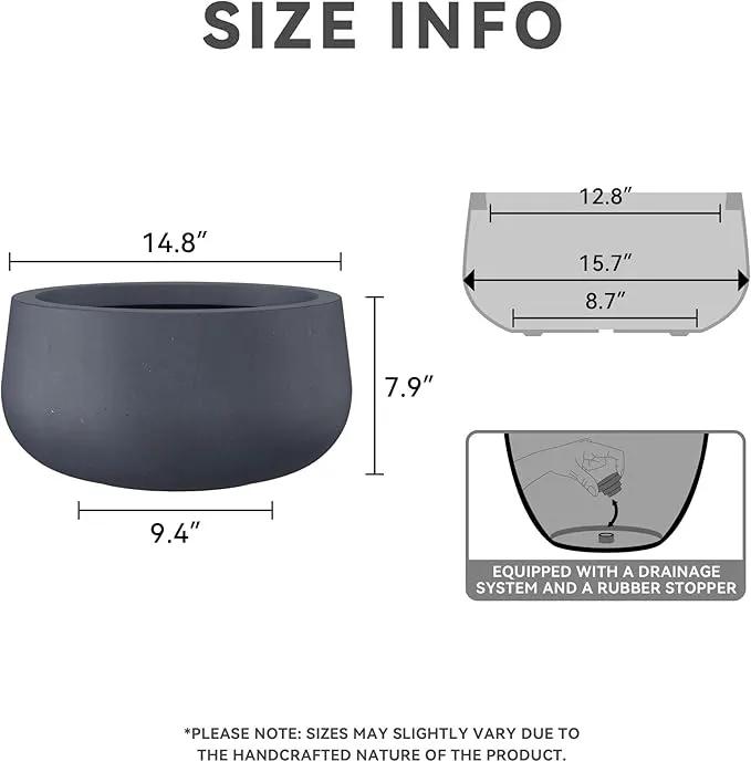 Kante 15.7" Dia Round Concrete Planter, Outdoor Indoor Garden Plant Pots with Drainage Hole and Rubber Plug, Modern Curvaceous Design, Charcoal by GreenHaven Gardens