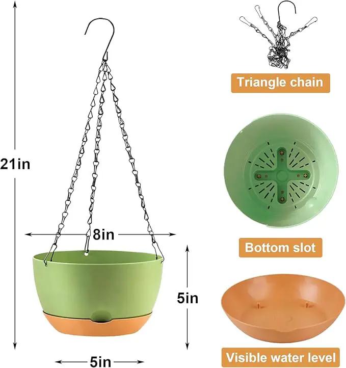 4 Pack Plastic Hanging planters for Indoor Plants,8 Inch Plant Pot Indoor Outdoor Hanging Baskets,Hanging Flower Pots with Drainage Holes and Chain for Garden Porch Plants (Green) by GreenHaven Gardens