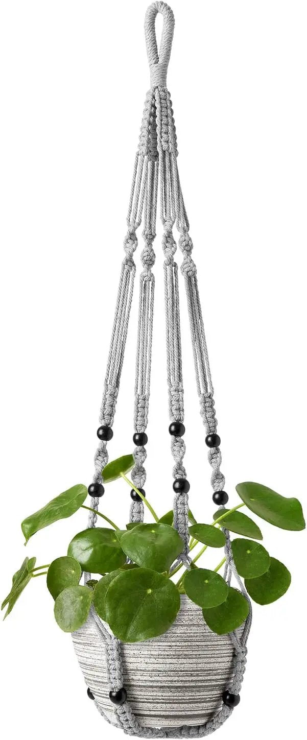 Mkono Macrame Plant Hanger Indoor Hanging Planter Basket with Wood Beads Decorative Flower Pot Holder No Tassels for Indoor Outdoor Boho Home Decor 35 Inch, Grey, Set of 1 (POTS NOT Included) by GreenHaven Gardens