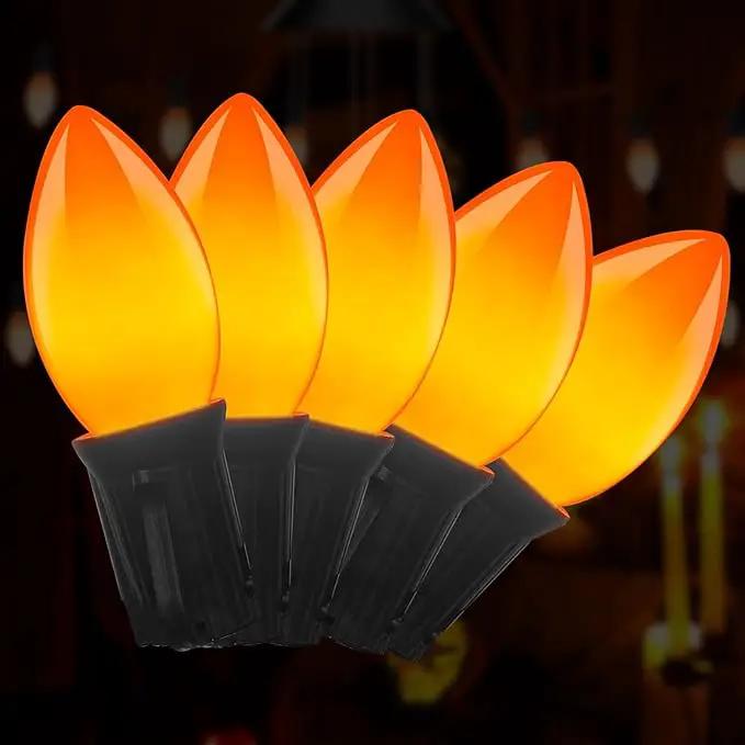 25FT LED Halloween Outdoor String Lights with 26 C9 Candle Shape Shatterproof Plastic Bulbs,2700K Waterproof Connectable Orange LED String Lights for Home Garden Halloween Christmas Fall Decor by GreenHaven Gardens