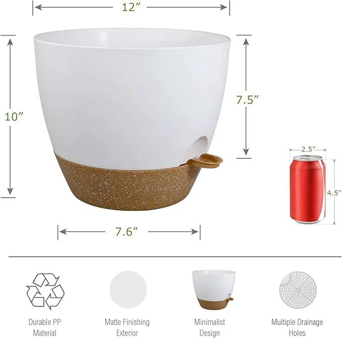 12 inch Large Self Watering Pots, Plastic Planters with 60oZ Removable Deep Reservoir and Multi Mesh Drainage Holes for Indoor Outdoor Garden Plants and Flowers, White with Brown by GreenHaven Gardens