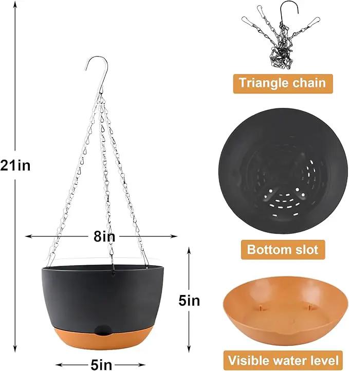 4 Pack Plastic Hanging pots for Plants Indoor,8 Inch Plant Pot Indoor Outdoor Hanging Baskets,Hanging Flower Pots with Drainage Holes and Chain for Garden Porch Plants(Black) by GreenHaven Gardens