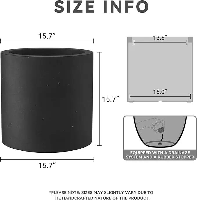 Kante 15.7" Dia Round Concrete Planter, Modern Style Large Cylindrical Plant Pot with Drainage Hole and Rubber Plug for Indoor Outdoor Patio, Black by GreenHaven Gardens