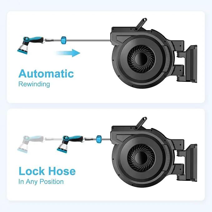 Retractable Garden Hose Reel - 5/8 inch x 80 ft Wall Mounted Hose Reel with 10 Pattern Nozzle & Any Length Lock, Heavy Duty Water Hose Supports Automatic Rewind & 180° Swivel, Black by GreenHaven Gardens