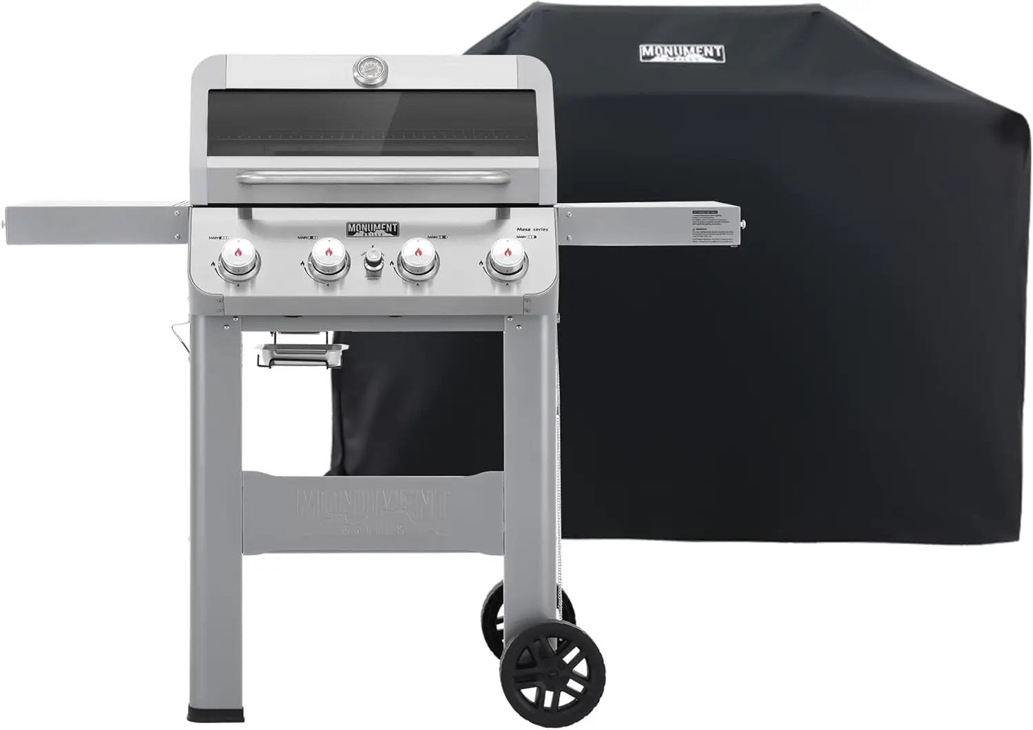 Monument Grills 4-Burner Liquid Propane Gas Grill, Silver Stainless Steel Grill Patio Garden Barbecue Grill with Clearview® Lid and One Foldable Shelf, Mesa400MF with BBQ Cover by GreenHaven Gardens