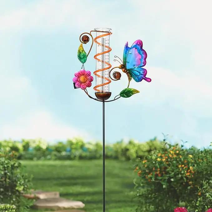 BAYN 36.3” Rain Gauge Outdoor Solar Powered 10 LEDs 7” Tube Garden Butterfly Metal Decorative Stake with Waterproof Large Glass Tube Rain Guage for Yard, Garden, Patio, Lawn by GreenHaven Gardens