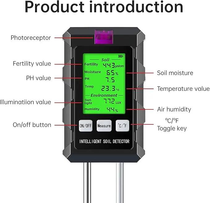 6-in-1 Soil Moisture Meter, pH/Temperature/Soil Moisture/Sunlight/Air Humidity/Soil Fertility Soil Tester for Farming, Gardening, Lawns and Outdoor Plants (2*AAA Battery Needed) by GreenHaven Gardens
