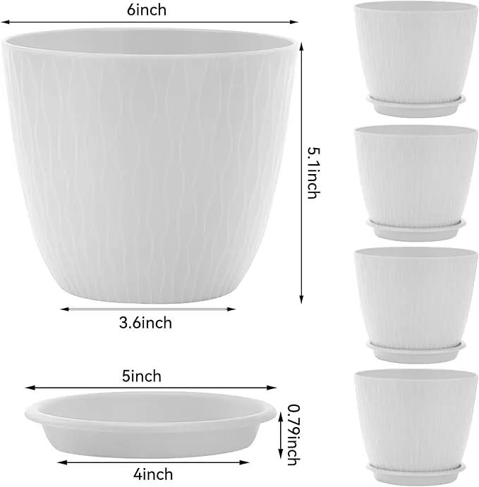 Plant Pots – 6 Inch Planters with Drainage Holes and Saucers, Flower Pots for Indoor and Outdoor Plants, Nursery Planting Pots (Pack of 5, White) by GreenHaven Gardens