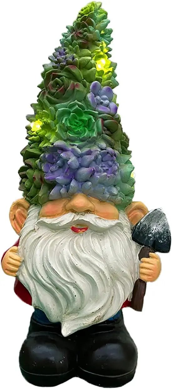 Solar Powered Gnome with Flower Hat and Shovel, Decorated Solar Light, Garden Decorations Statues, Garden Light Decor by GreenHaven Gardens