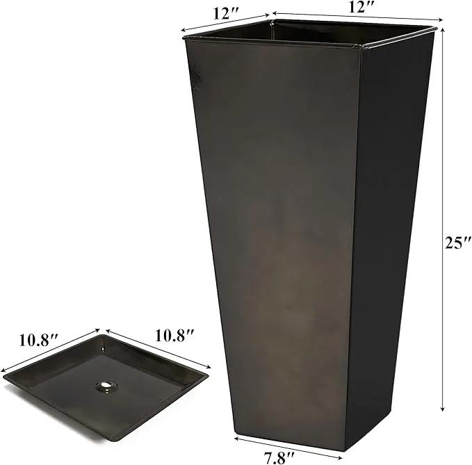 WORTH Garden 25" Large Metal Glazed Planter Set of 2, Luxurious Glossy Finish Black Tall Square Tapered Steel Plant Pots, Decor Flower Pot Indoor & Outdoor, Drainage Hole & Dual-Purpose Plant Saucer by GreenHaven Gardens